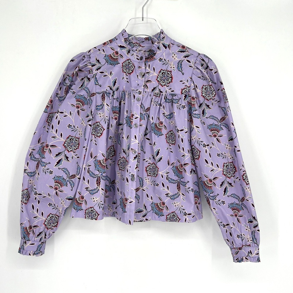 Rebecca Minkoff Top Womens XS Purple Floral‎ Pleated Boxy Puff Sleeve Feminine